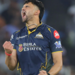 Ashok Sharma in action for Gujarat Titans against Rajasthan Royals.