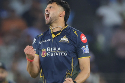 Ashok Sharma in action for Gujarat Titans against Rajasthan Royals.